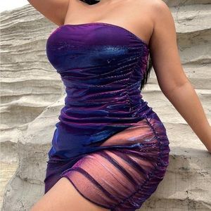 NEW Plus Size PURPLE Ruched Mesh Tube Bodycon Dress Iridescent